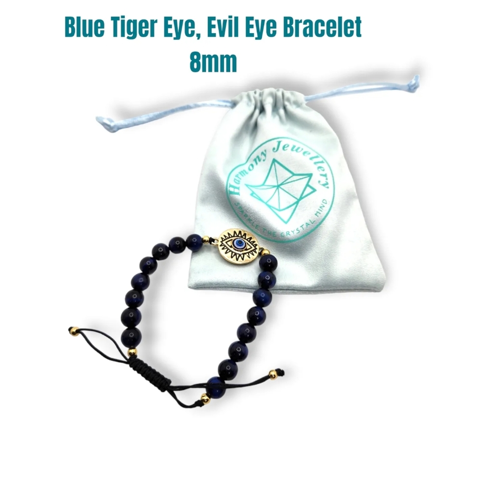 Blue Tiger Eye Evil Eye Shamballa style bracelet 8 mm
